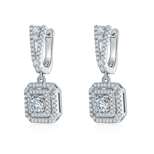S925 Sterling Silver Double Halo Drop Earrings, 6.5mm D-VVS1 Moissanite, Platinum Plated 6.8g Women's Jewelry Gift Box