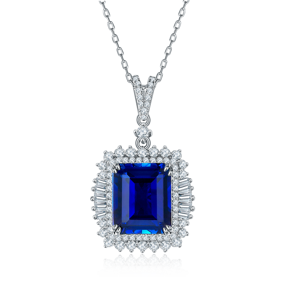 S925 Sterling Silver 10x12mm Lab-Grown Ruby Sapphire Emerald Halo Pendant Necklace, Platinum Plated 40&45cm Chain, 5.5g Women's Jewelry Gift Box
