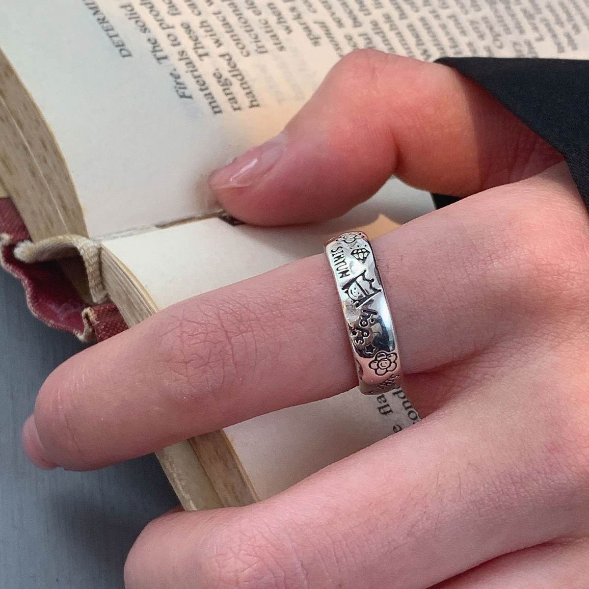 Women Punk Open Ring, Korean Vintage Antiqued Flower & Prince Graffiti Adjustable Statement Finger Ring