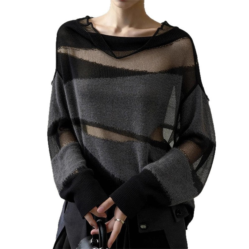 Korean-style Mesh-panel Design Relaxed-fit Blouse Long-sleeve Knit Top