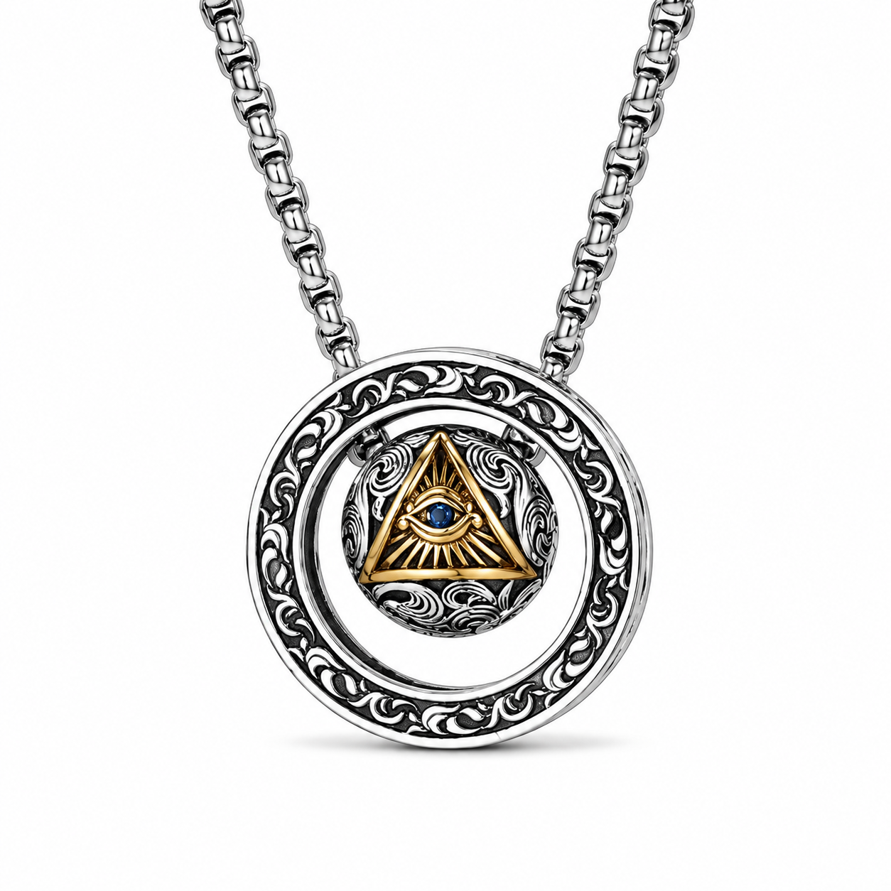 Vintage All-Seeing Eye Rotatable Round Ball Circle Pendant Necklace For Men, Copper Plated Silver Triangular Eye With Blue Zircon Scroll Engraving Punk Amulet Jewelry Gift