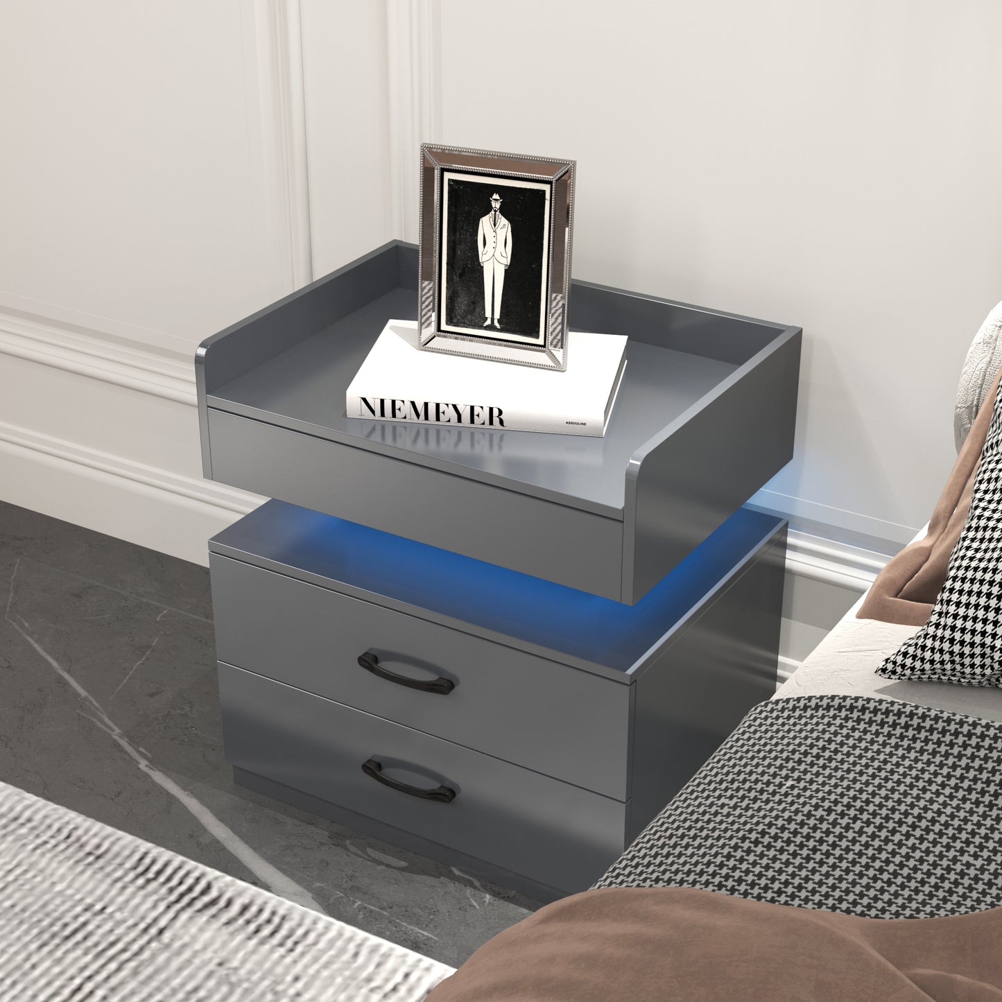 1 Set Nightstand With Adjustable LED Strip Light, 2-drawers, Large Storage Space, Suitable For Bedside Table, Coffee Table, Sofa Side Table Or End Table For Study Desk