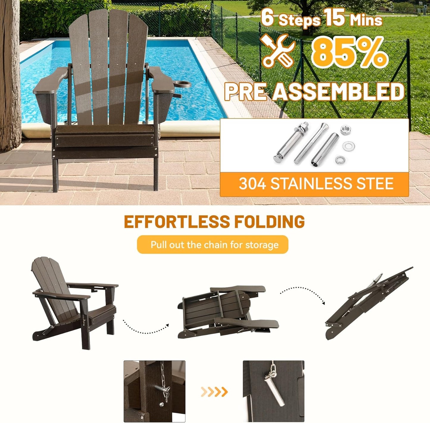 Adirondack Chair, Plastic Adirondack Chairs, HDPE Adirondack Chair, Folding Adirondack Chairs,Outdoor Chairs With Cup Holder For Lawn Patio Deck Fire Pit -Brown