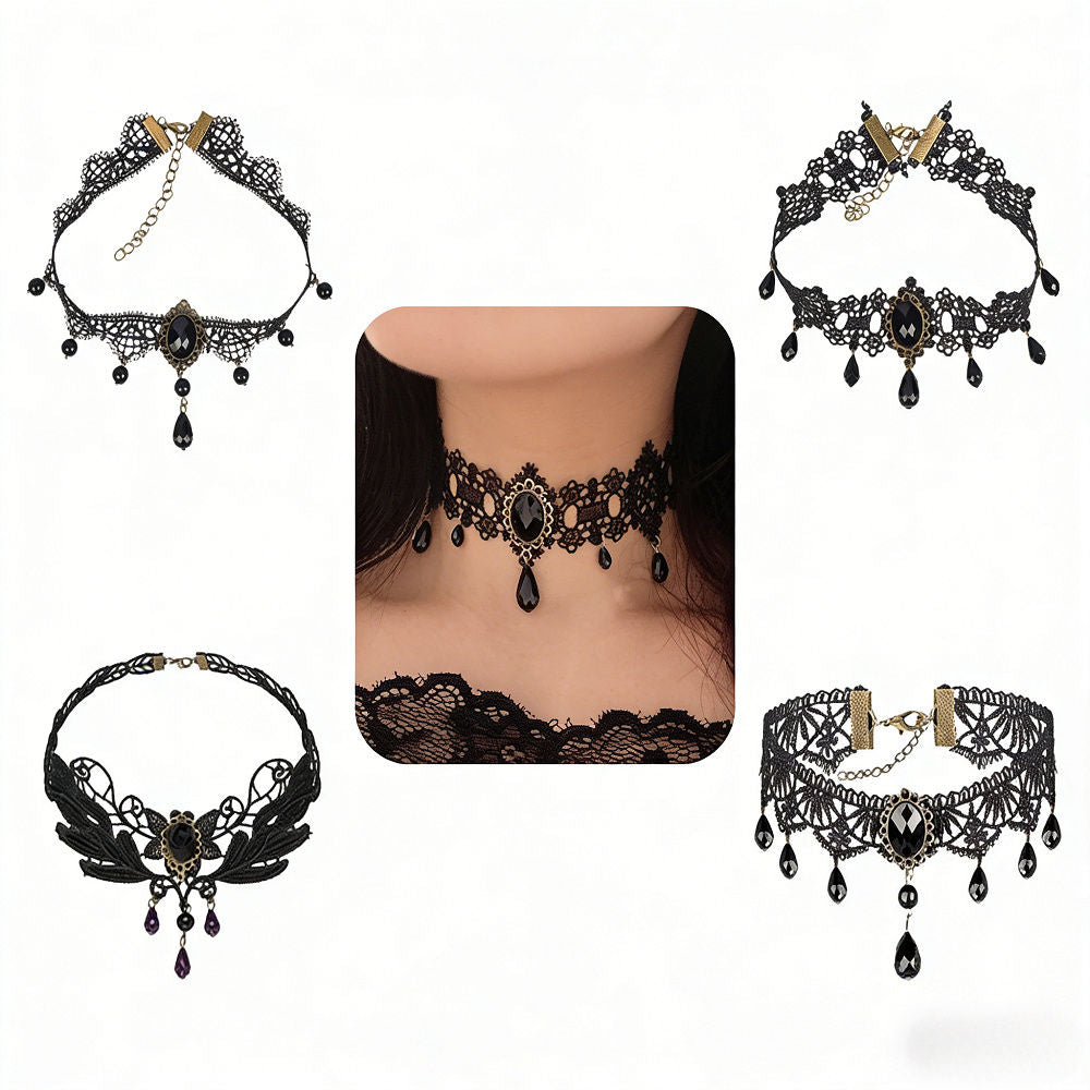 Gothic Necklace Set With 4 Chains - Black Retro Lace Necklaces For Unique Accessories - Stylish Gifts, Event, And Party Items