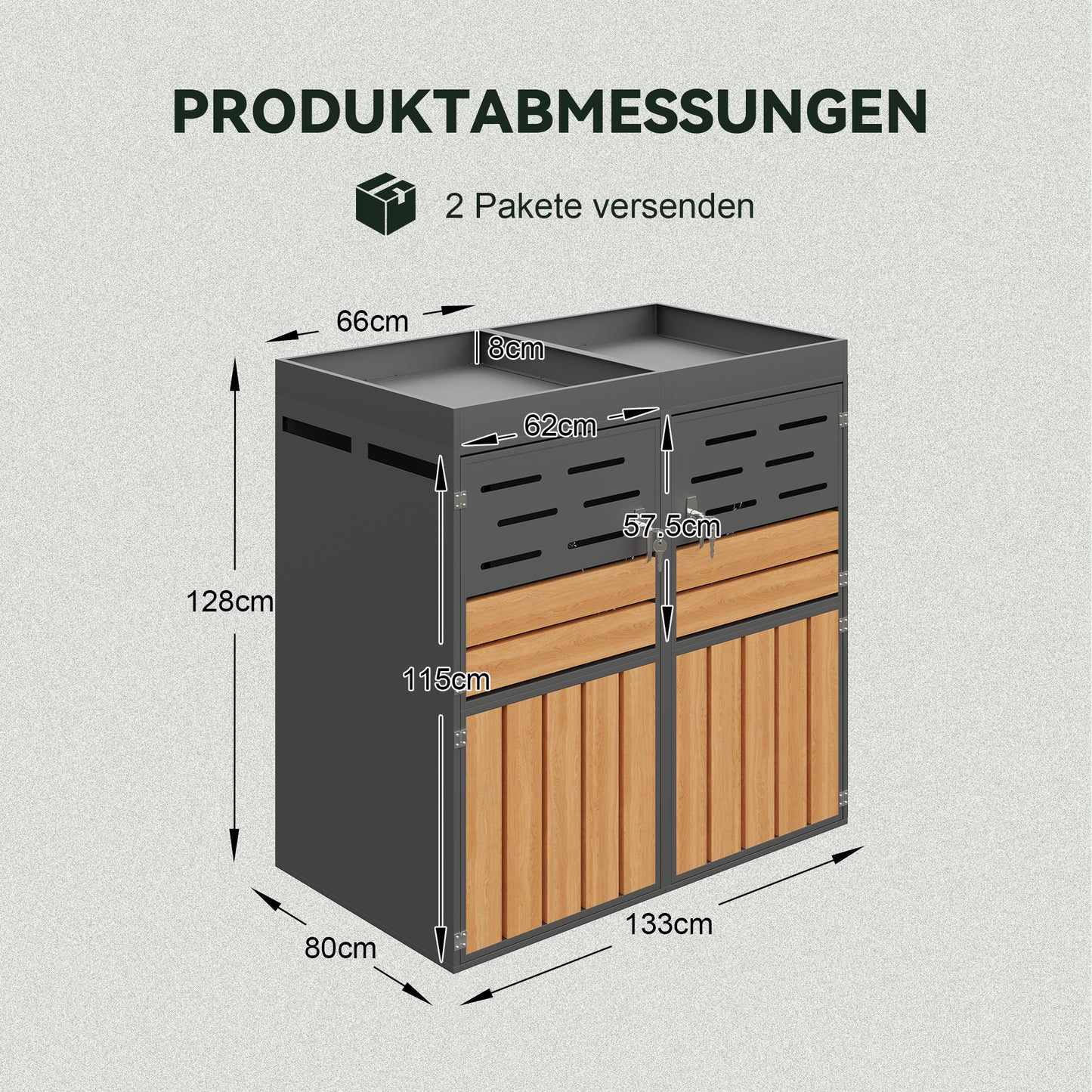 Multifunctional Outdoor Cabinet With Integrated Planter, Slat Ventilation, Two Separate Compartments, Galvanised Steel Frame And Safety Chain  For Storage And Garden Decoration  Without Waste Bins