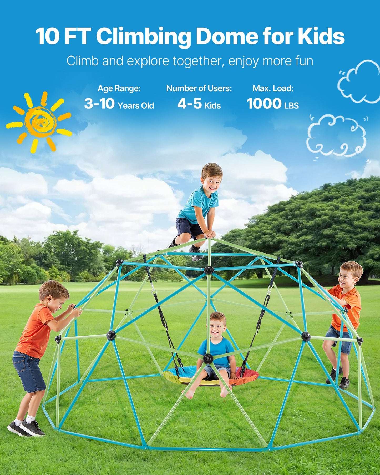 Climbing Dome, 10FT Geometric Dome Climber With Saucer Swing, 1000LBS Loading Kid's Jungle Gym Playground, Easy-Assembly Outdoor Backyard Climbing Equipment For Boys Girls 3 To 10 Years Old