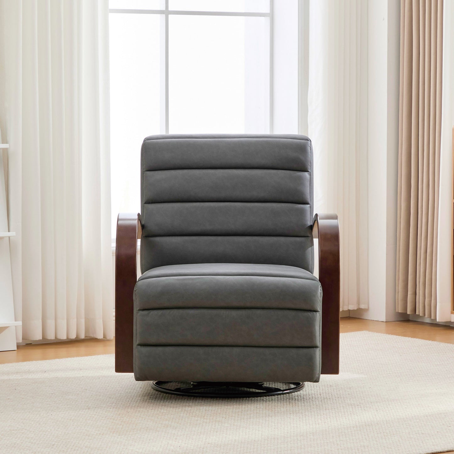 30.7 W Modern Upholstered 360 Swivel Accent Chair With Solid Wood Armrests And Comfy Channel Tufted Lounge Reading Chair, Single Sofa Armchair For Hotel Bedroom Living Room Office And Bedroom. Gray