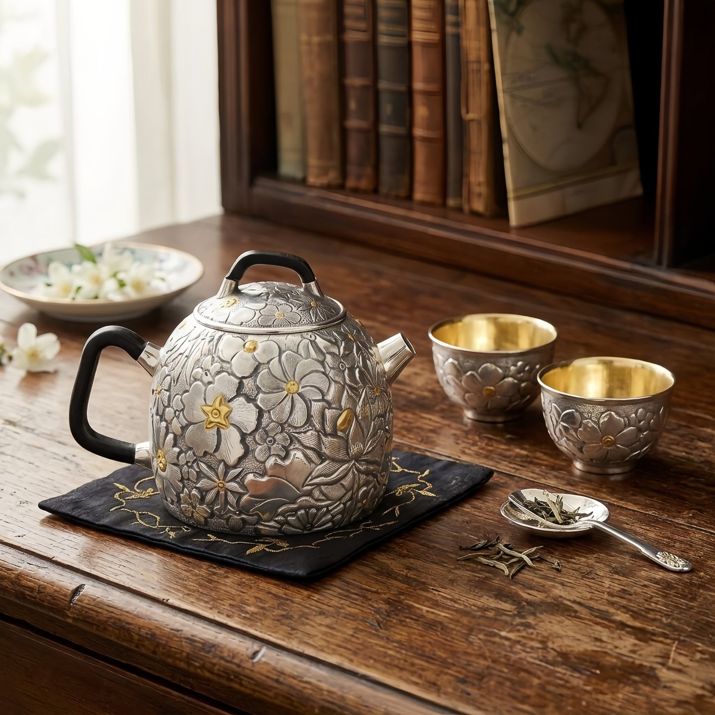 Pure 999 Fine Silver Ornate Silver Tea Vessel Featuring Floral Reliefs and Sleek Black Handles - Handicraft