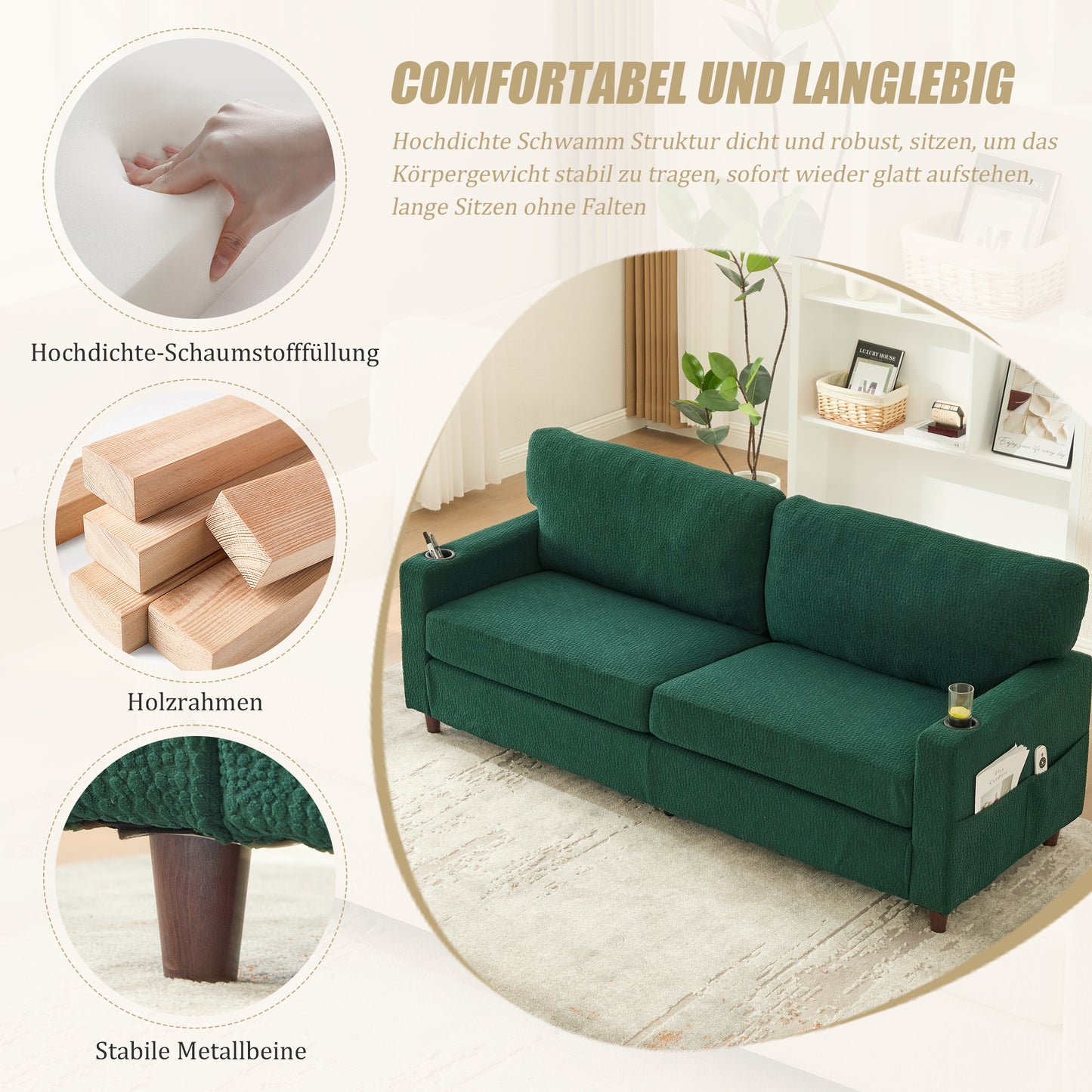 Modern 2-person Chenille Sofa With USB-C, LED Ambiance, Cup Holders And Side Pockets. Wood Metal Frame With Comfort Foam. Ideal For Living Room, Bedroom Or Office. Emerald