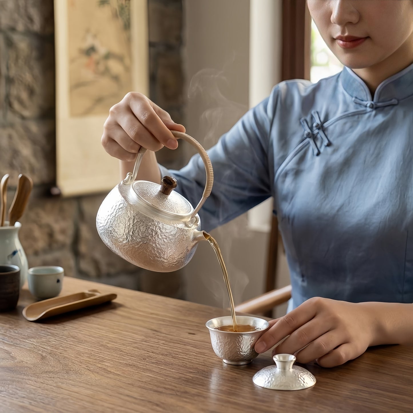 Pure 999 Fine Silver Elegant Hand-Forged Silver Tea Kettle with Woven Wicker Handle and Natural Wood Knob - Handicraft