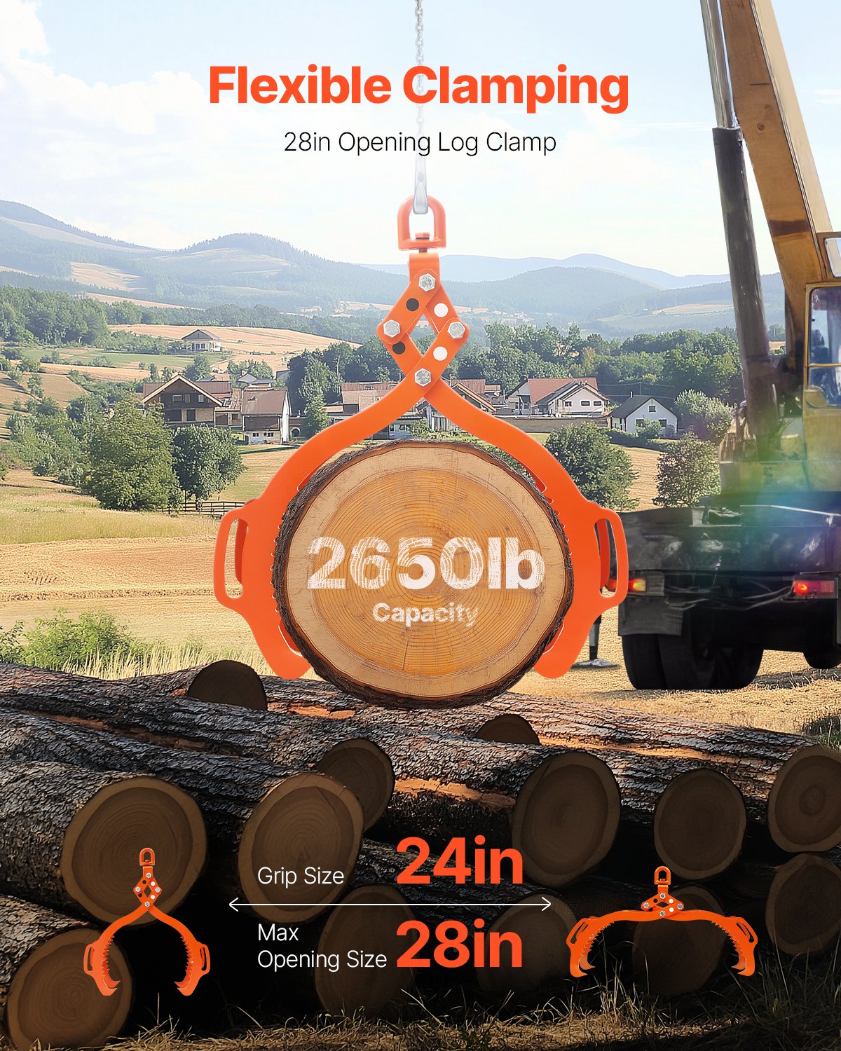 28in Log Lifting Tongs 4 Claw Solid Steel Log Grapple Swivel Log Tools