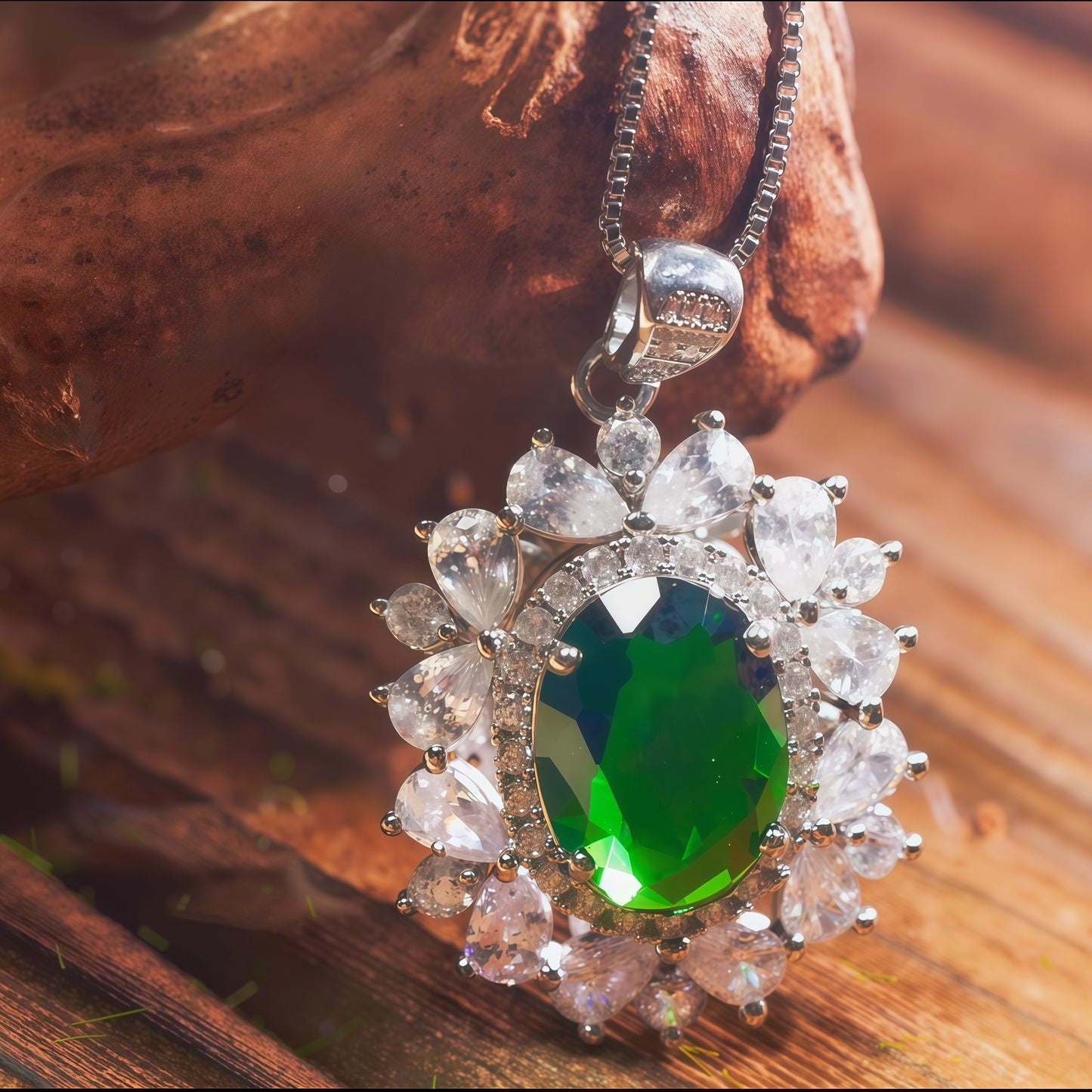 Luxury Sunburst Green Emerald Drop Necklace, Silver Plated Copper CZ Pendant For Anniversary & Formal Party Gifts