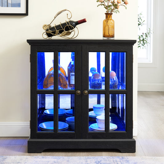 LED Curio Display Cabinet, Antique Display Cabinet With Adjustable Shelves, Retro Design Quality Showcase With Lattice Doors Elegant Bookcase And Storage Cabinet For Home Decor And Organization BLK