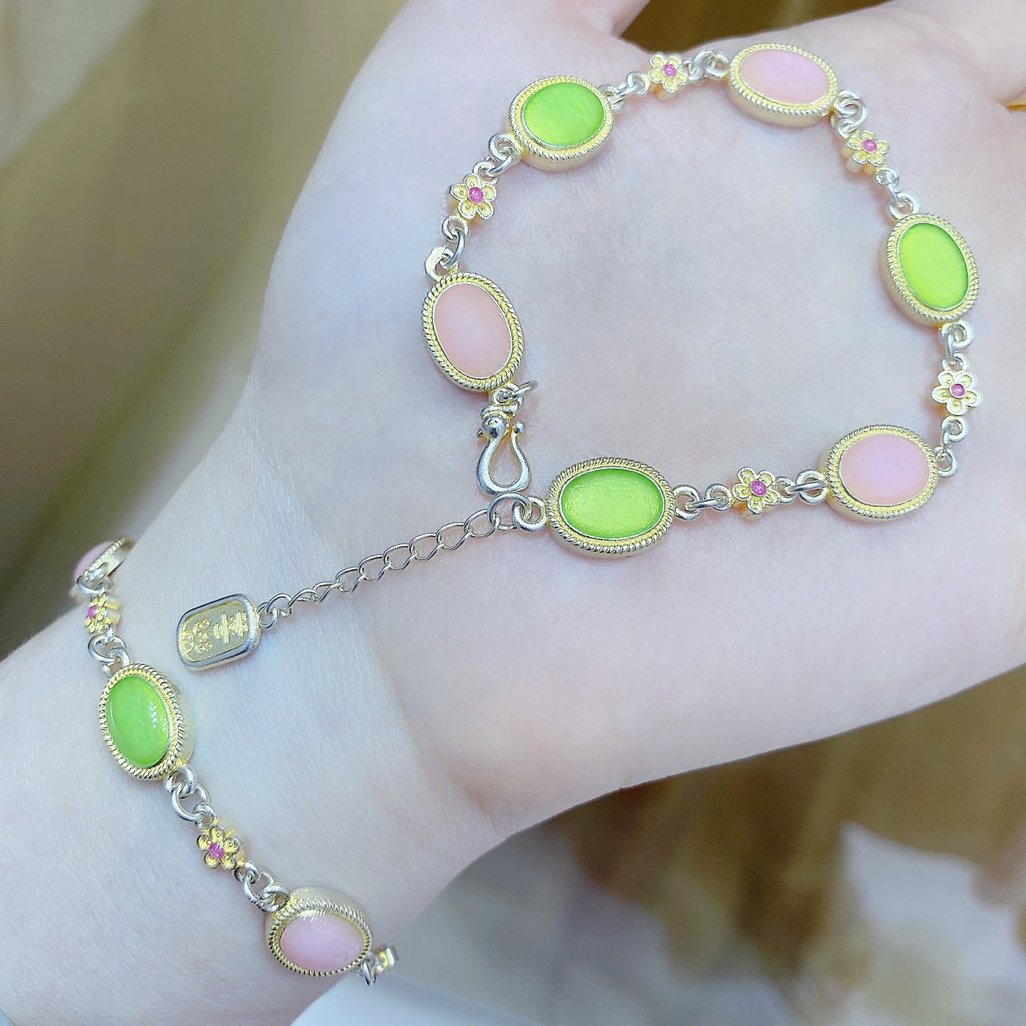 1pcs 999.9 Sterling Silver Gold-Plated Enamel Stone Bracelet, Luxury Retro Style, Ideal For Birthdays & Holiday Gifts