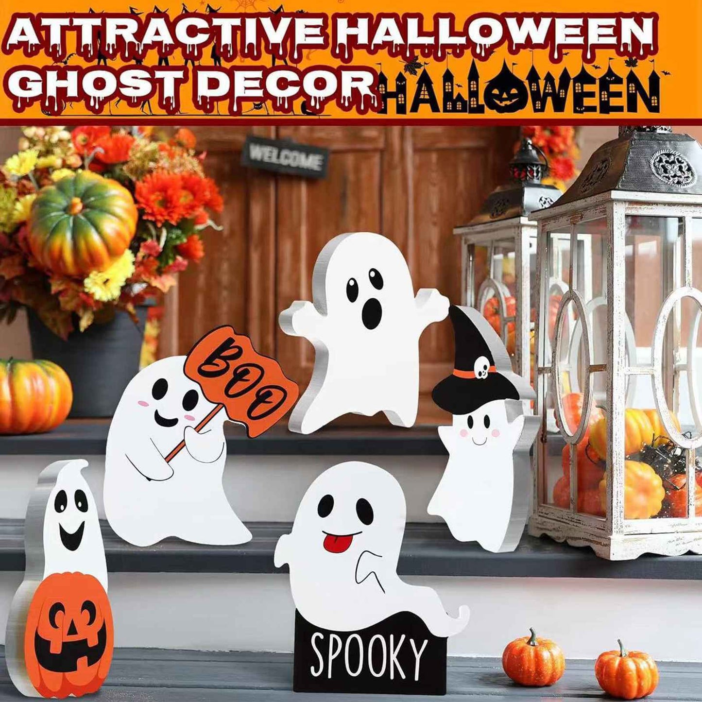 5pcs Cute Ghost Table Sign Festival Decoration PVC Spooky Desk Ornaments Table Sign For Theme Party
