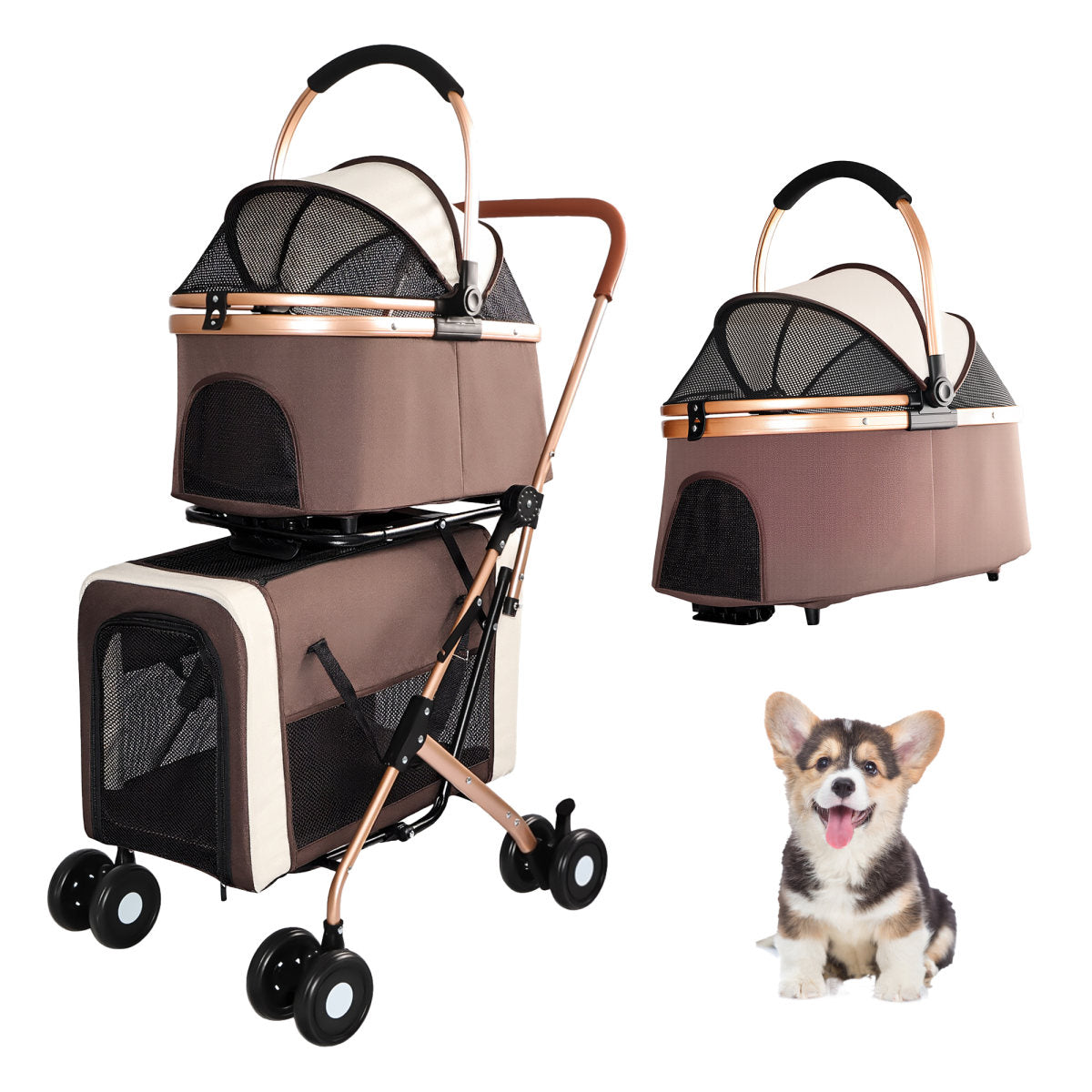 Double Pet Stroller for Dogs and Cats, Foldable Frame, 3-in-1 Convertible Carrier/Tote, Shockproof Wheels, Brake System, Fixed Safety Leashes for Small/Medium Pets in Multi-Pet Homes(Khaki)