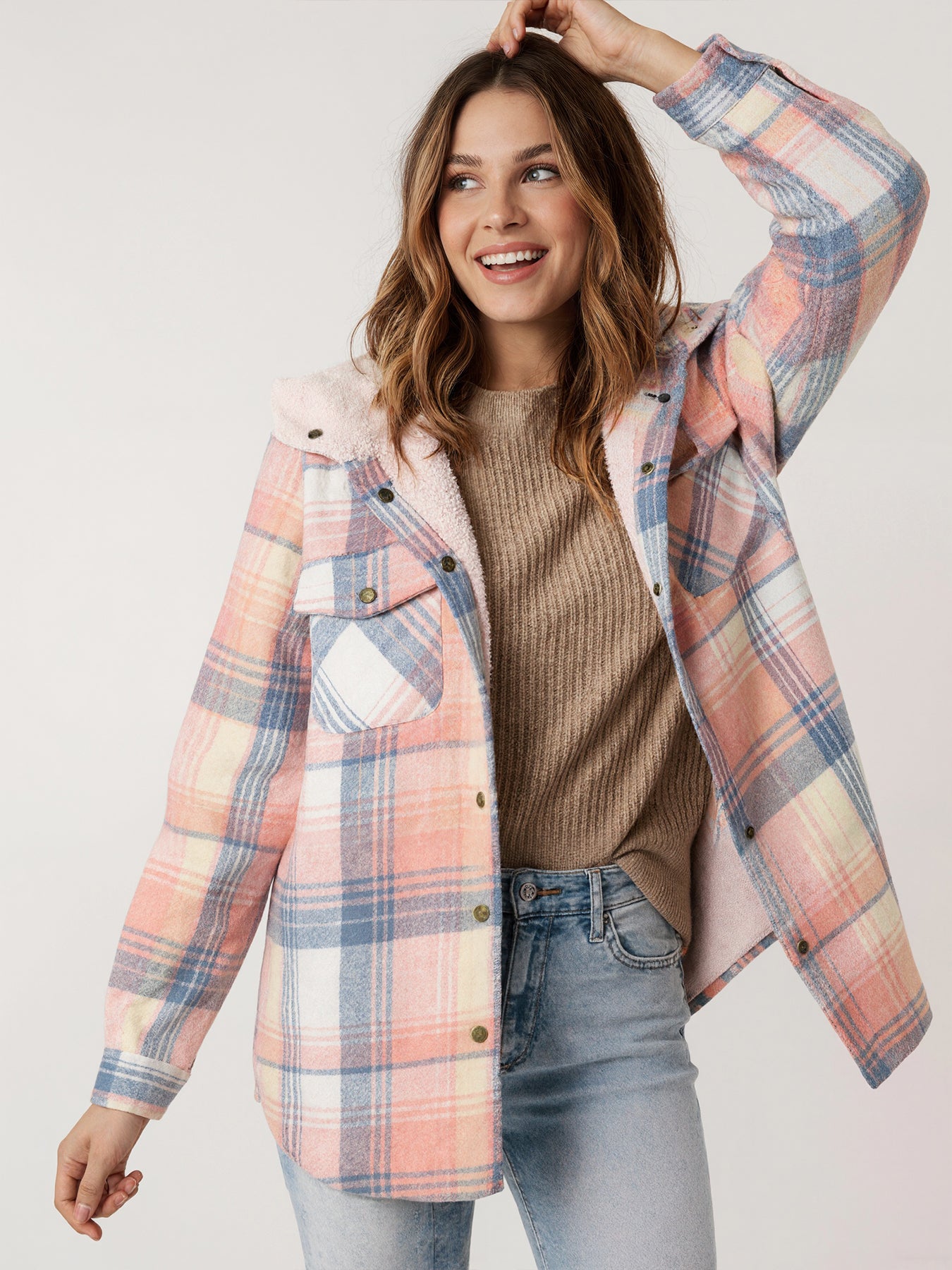 New Women's Fleece-lined Plaid Print Long-sleeved Hooded Jacket With Pockets, Perfect For Autumn And Winter.