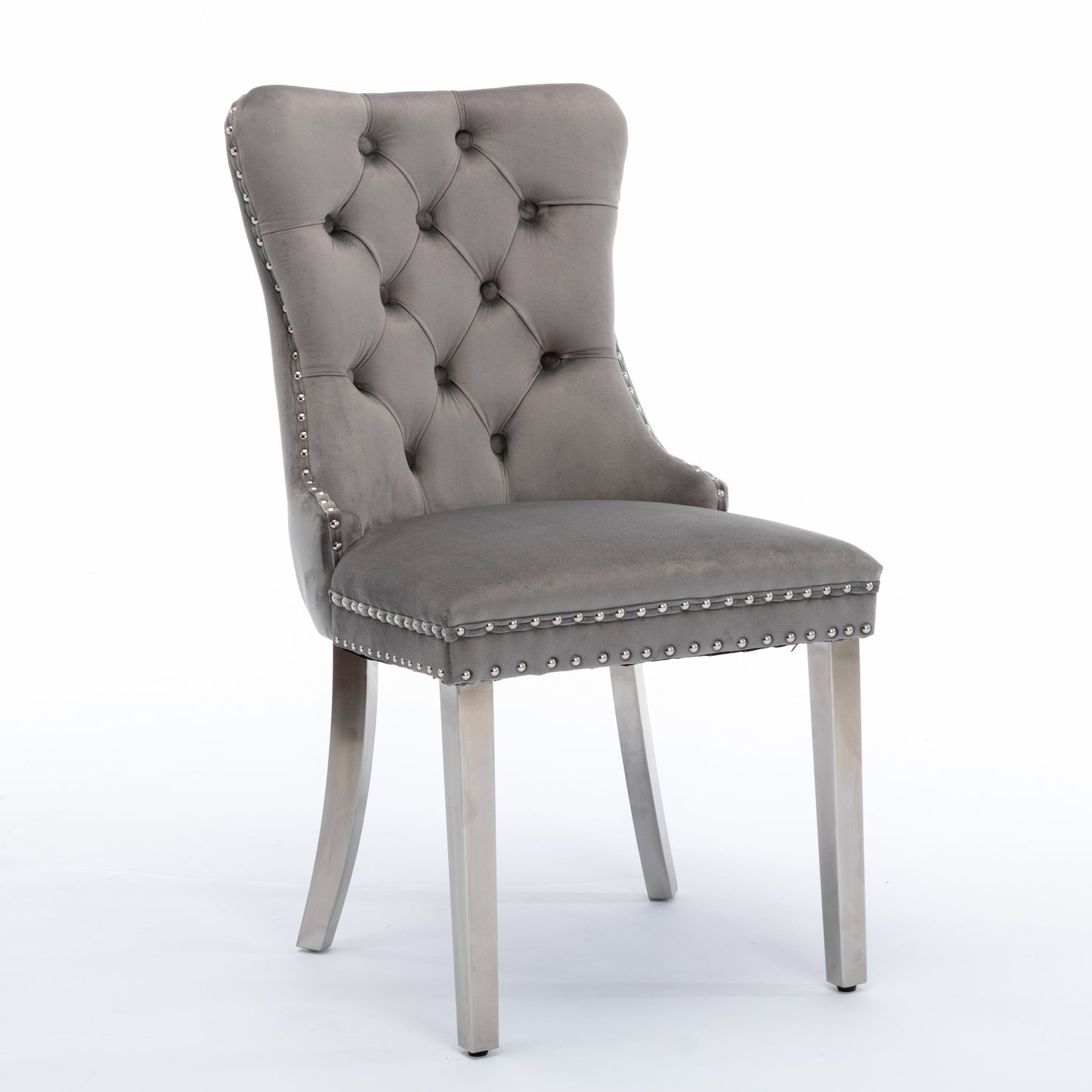 A&A Furniture,Nikki Collection Modern, High-end Tufted Solid Wood Contemporary Velvet Upholstered Dining Chair With Chrome Stainless Steel Plating Legs,Nailhead Trim,Set Of 2,Gray And Chrome,DE1701GY