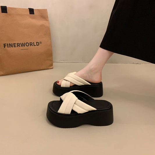 Thick Sole Height Increasing Cool Mop For Women's Summer Outdoor Wear, Casual Soft Sole, Not Tiring For Feet, Fashionable And Versatile Beach One Line Mop