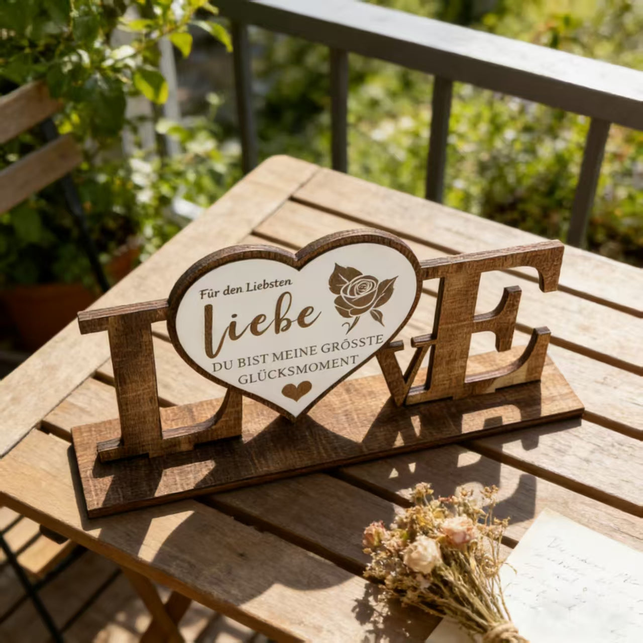 Personalized LOVE Wooden Sign With Rose Engraving,English&German Heart Table Decor,Valentine Anniversary Gift For Couple