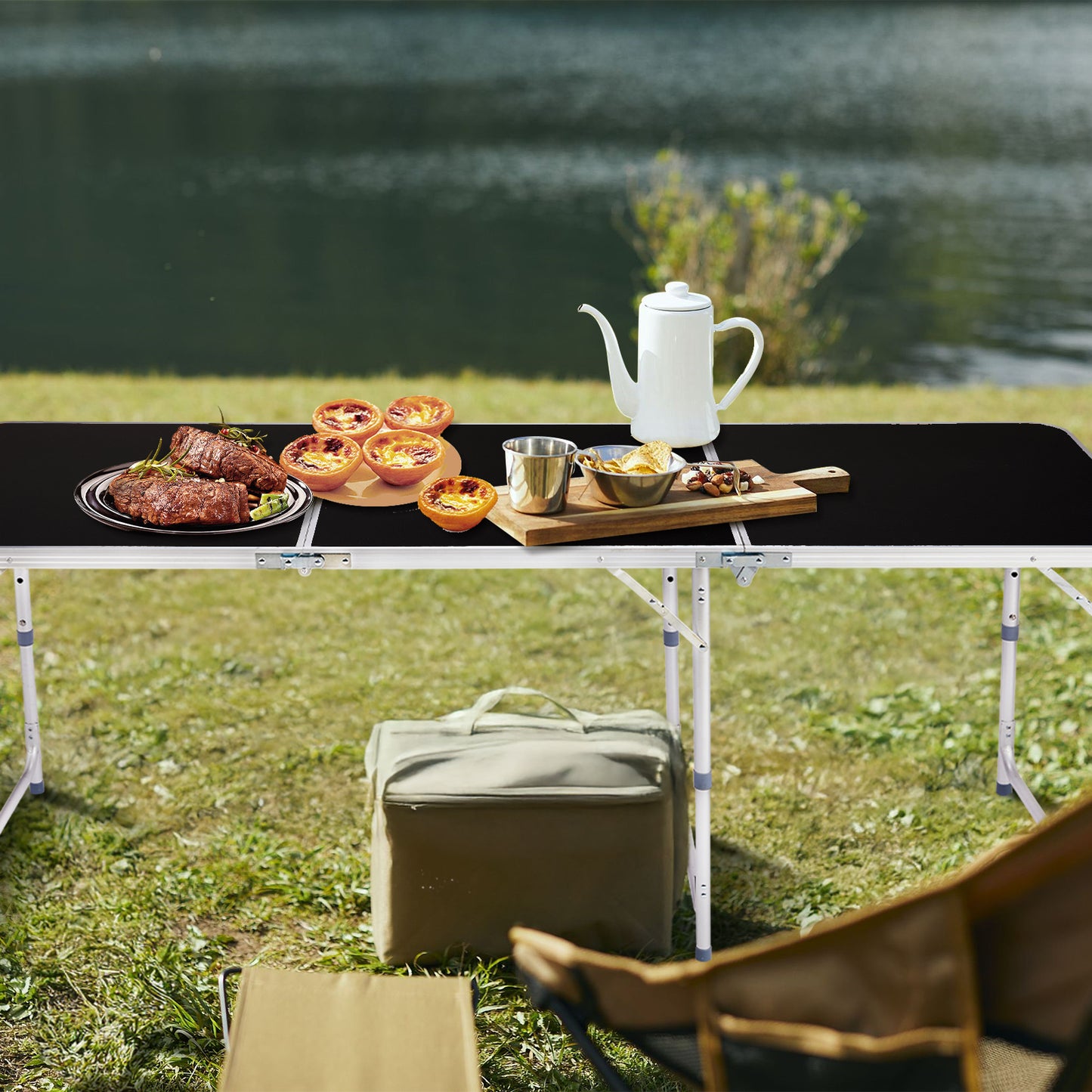 6ft 180-60cm Aluminum Alloy 3-Fold Portable Folding Table, Adjustable Height Outdoor Camping Picnic Dining Desk