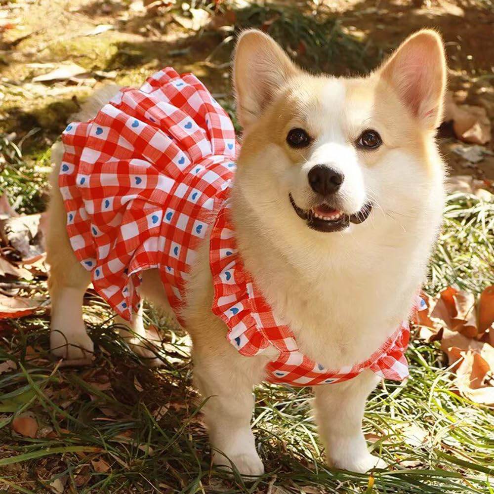 Red Plaid Small Dog Dress Girl Spring Cat Clothes With Heart Pattern Summer Pet Dresses For Dogs Cats Cute Puppy Outfit For Small Dog With Leash Ring