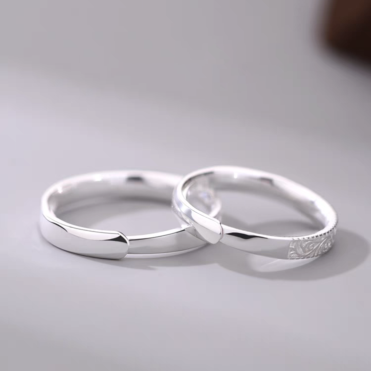 1 Pair 999 Sterling Silver Tang Grass Engraved Couple Rings, Retro Elegant Style, For Daily Wear & Valentine's Gifts