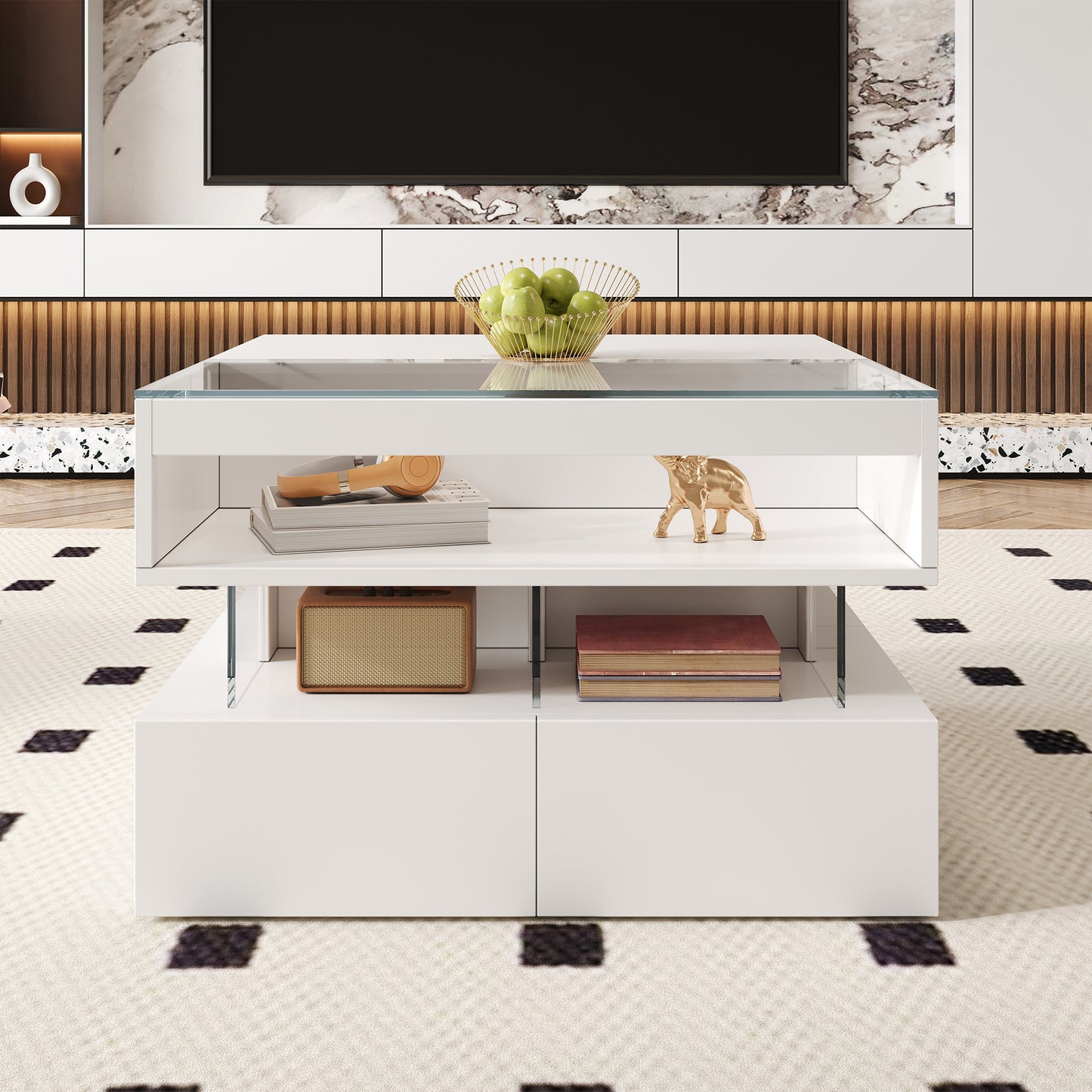Height-adjustable Coffee Table For The Living Room With 16-color Lighting, Glass Top And Acrylic Supports.