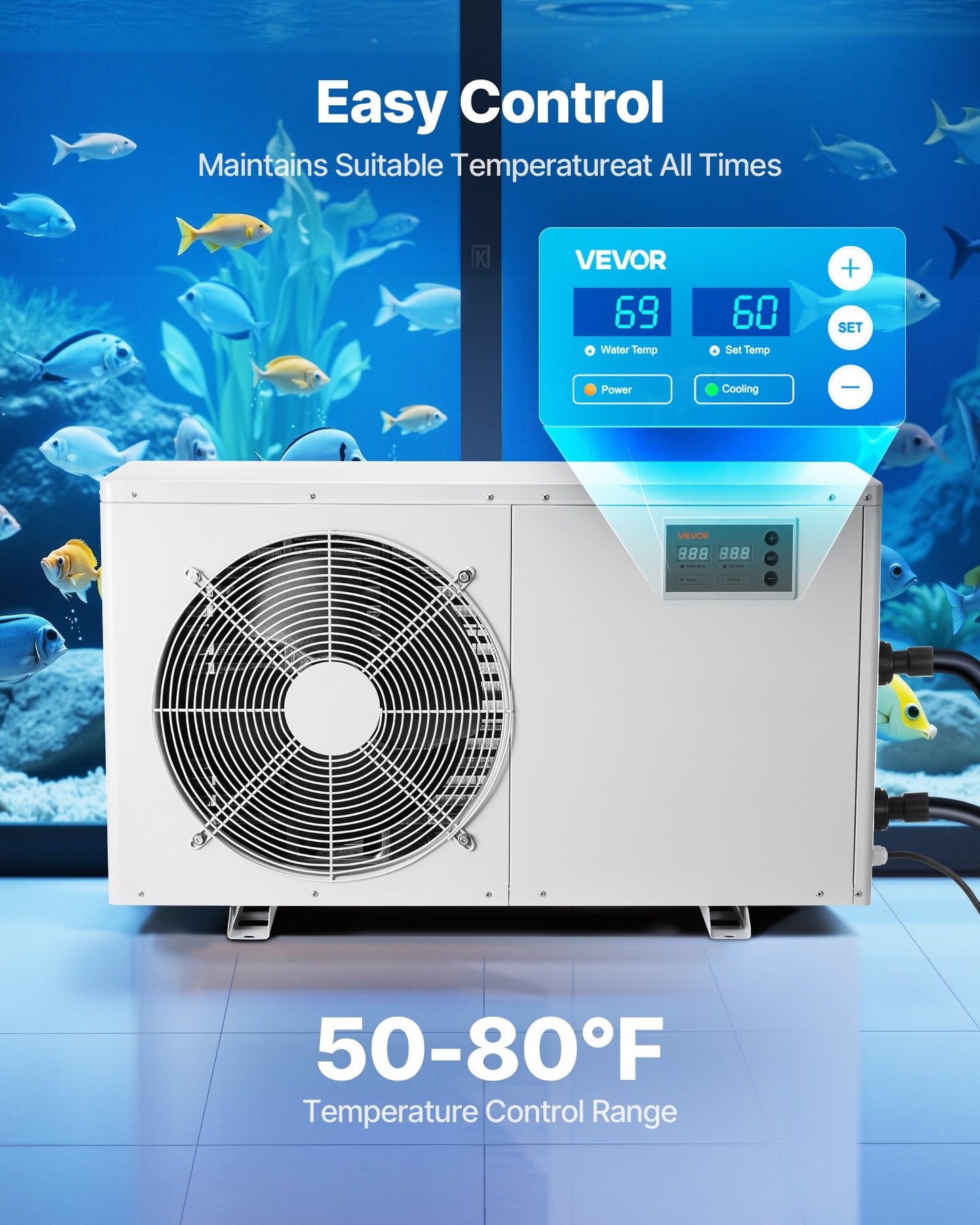 Aquarium Chiller 500 Gallon, 1-1/2 HP Water Chiller For Hydroponics, Fast Cooling For Fish Tank,Axolotl,Coral Reef,Quiet Refrigeration Compressor, Titanium Evaporator,Complete Fittings