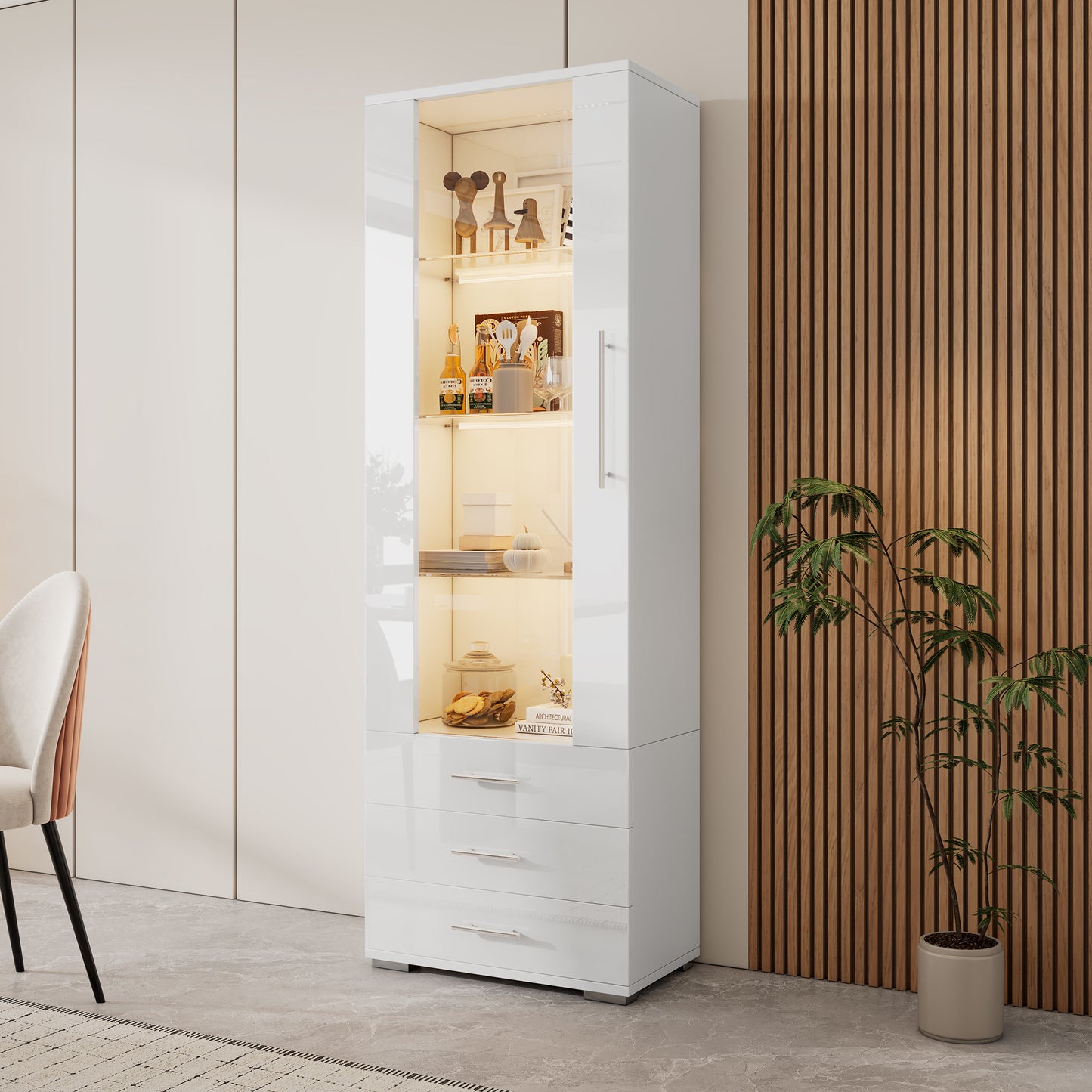 White High Gloss Display Case, Glass Display Case, Floor Standing Display Case With LED Lighting, Vertical Display Case With 3 Drawers, 60x35x180cm