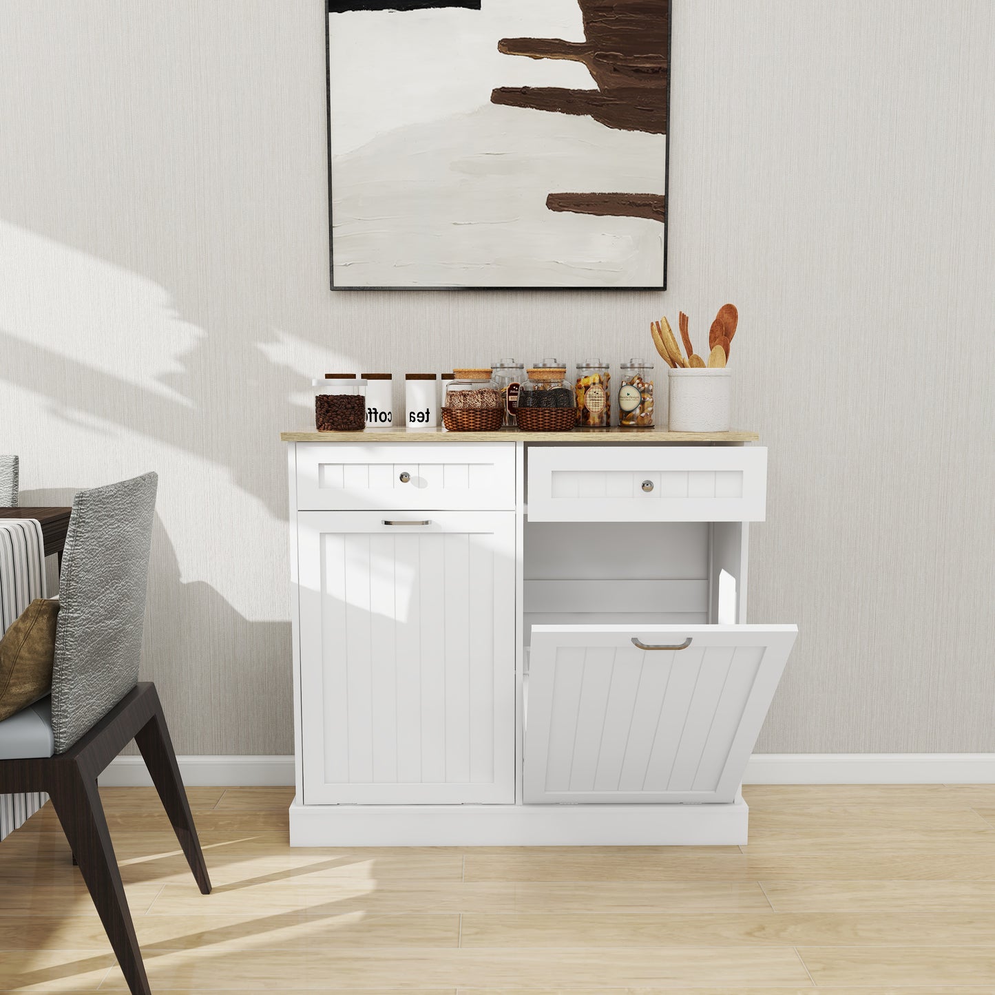 Two Drawers And Two-Compartment Tilt-Out Trash Cabinet Kitchen Trash Cabinet-White