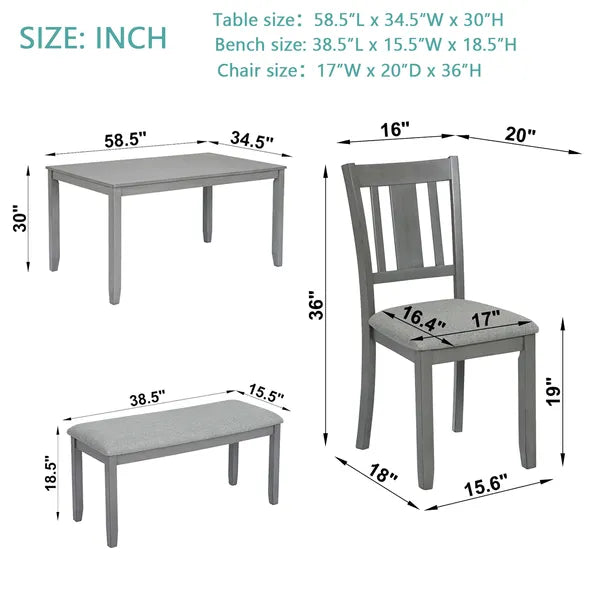 6 Piece Kitchen Dining Set, Rectangular Wooden Dining Table With 4 Upholstered Chairs And A Bench, Dining Table Set For 6 People, Living Room, Home Bar And Kitchen, Gray