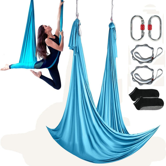 Aerial Yoga Hängematte Set 5 X 2,8 M, Blau Aerial Yoga Swing Air Fliegen, Yoga-Schaukel Hammock Swing 1000 Kg Max. Tragfähigkeit, Inkl. Yoga-Socken & Stahlkarabiner, Anti-Gravity-Übungen