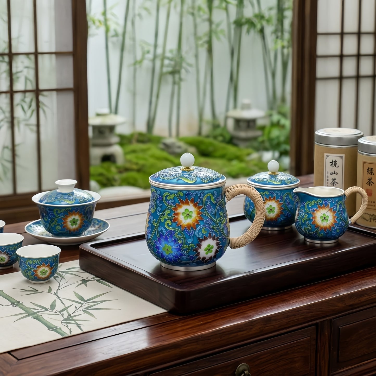 925 Sterling Silver Handcrafted Cloisonné Enamel Blue Floral Tea Mug with Lid and Rattan Handle - Handicraft