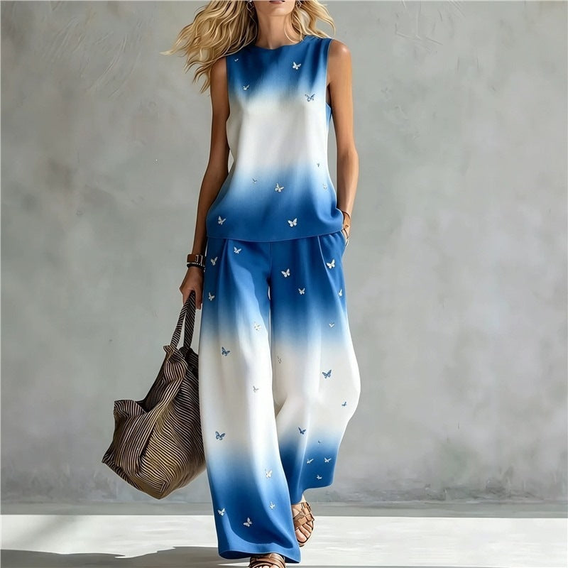 New-style Rainbow Tie-dye Sleeveless Crew-neck Top And Wide-leg Pants Womens Casual Two-piece Set