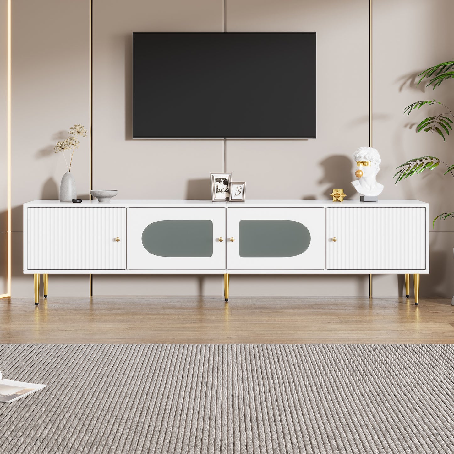 Elegant 170x35x50cm TV Cabinet -White Body With Golden Legs And Handles, 2 Doors With Vertical Grooves, 2 Doors With Arc Glass, 35KG Load Capacity,TV Cabinet,TV Board,TV Base Cabinet