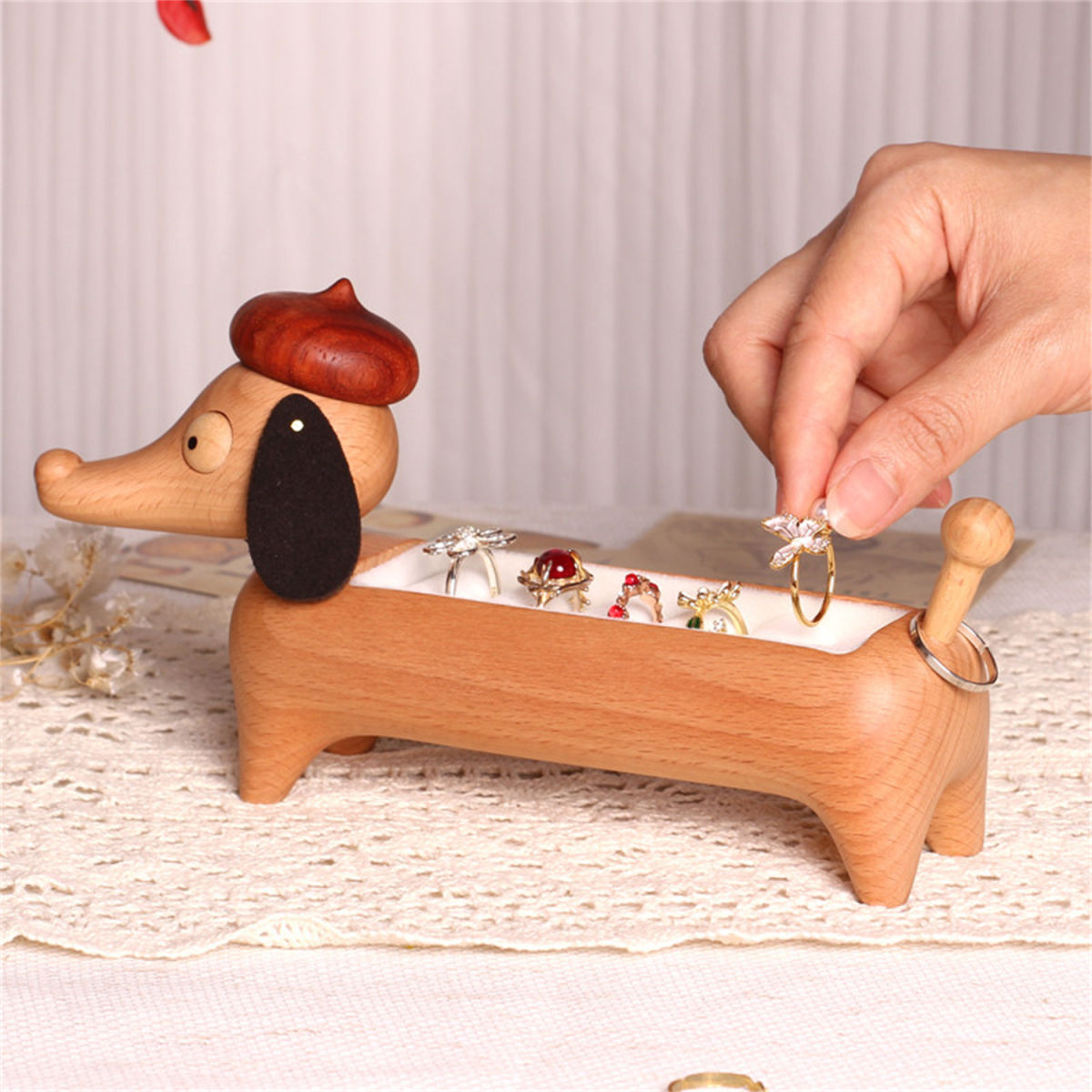 Ring Storage Cartoon Cute Solid Wood Desktop Ornaments