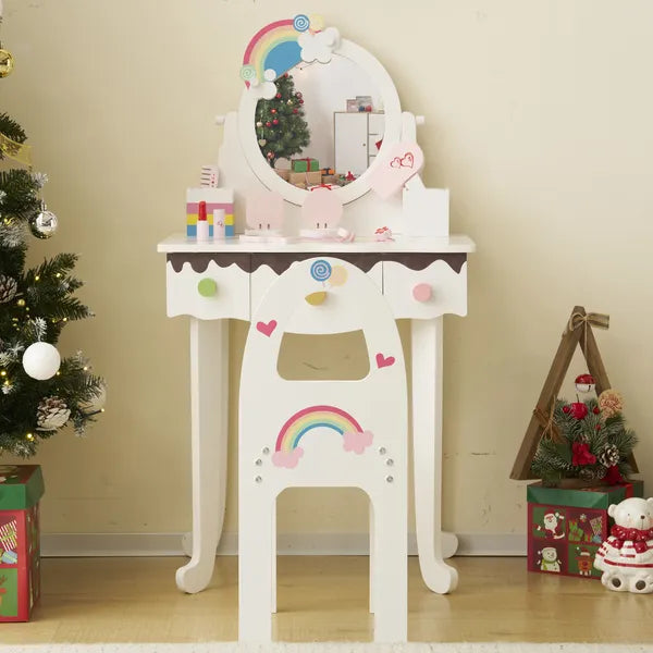 Kids Vanity Table And Chair Set With 7pcs Pretend Play Makeup Toys, Girls Vanity With Mirror & Stool, 3 Drawers & Tabletop Storage, Princess Table For Toddlers, White