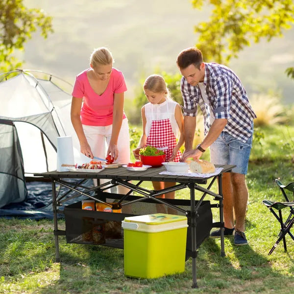 220 Lbs Folding Camping Table - 30-Second Tool-Free Setup, Aluminum Roll-Top & Steel Frame, Detachable Mesh Basket, Portable Outdoor Picnic&BBQ&Beach Table With Carry Bag