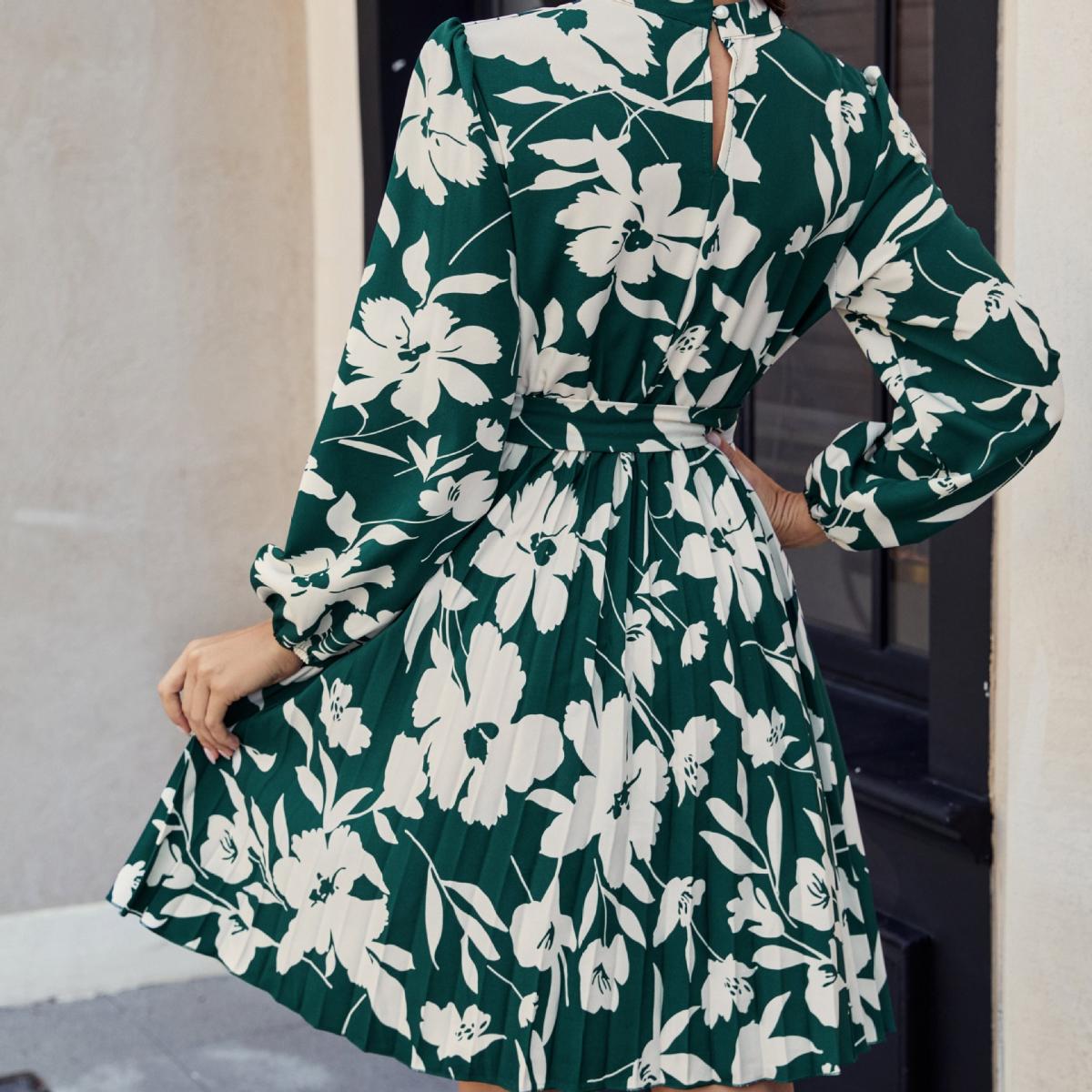 Womens Fashion Printed Long-sleeve Crew-neck Dress