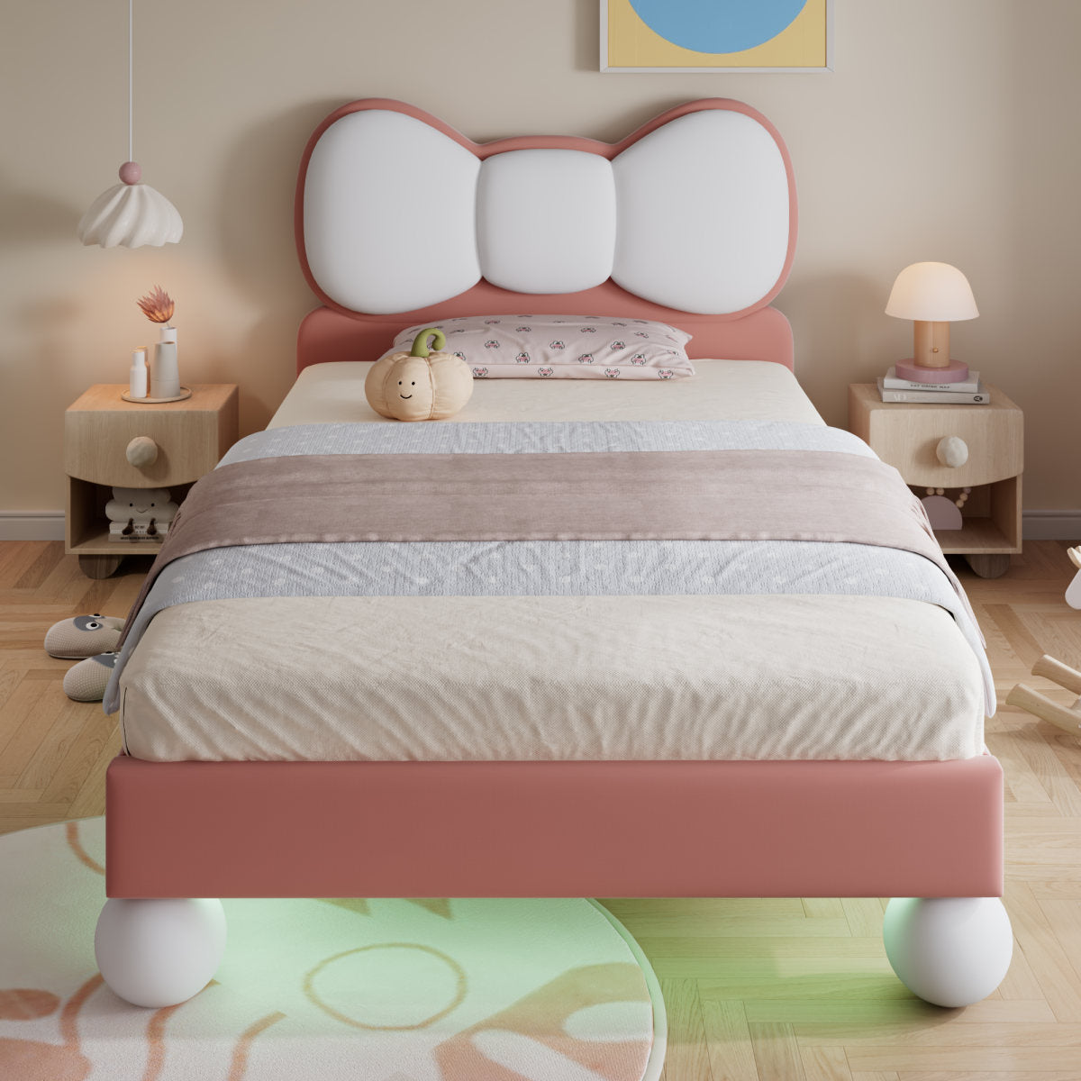 Upholstered Bed, Single Bed, Children's Bed, Bow Tie-Shaped Headboard, Color-Adjustable LED Light Strip Under The Bed, Sturdy Slatted Frame, Velvet, Beautiful Design, Beige  Pink, 90x200cm