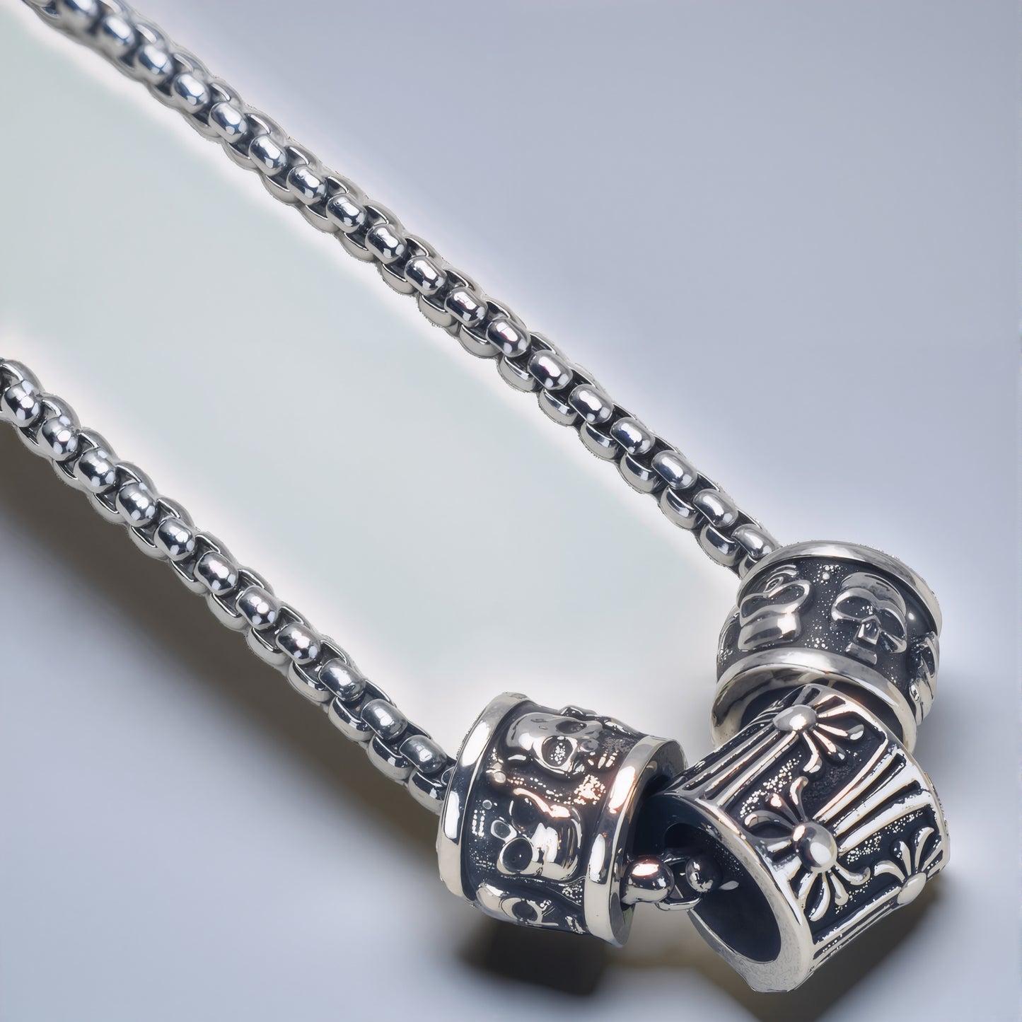 Gothic Vintage Carved Barrel Bead Necklace, Oxidized Silver Plated Biker Punk Pendant Gift For Him