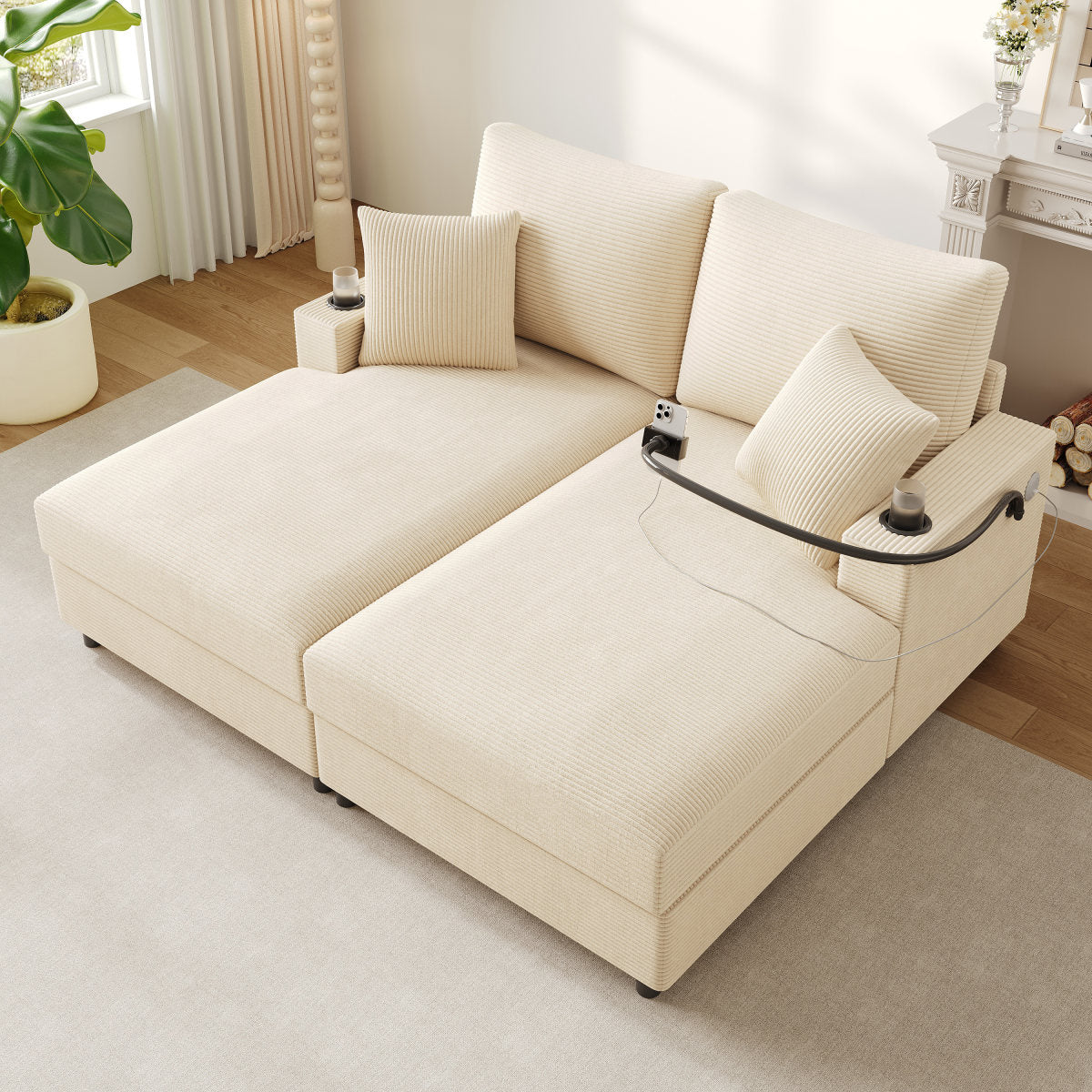 Double Sofa Bed With Sleeping Function, Padded Reclining Function, Mobile Phone Holder, USB Port And Cup Holder. Suitable For Living Room, Bedroom Or Home Theater. Beige