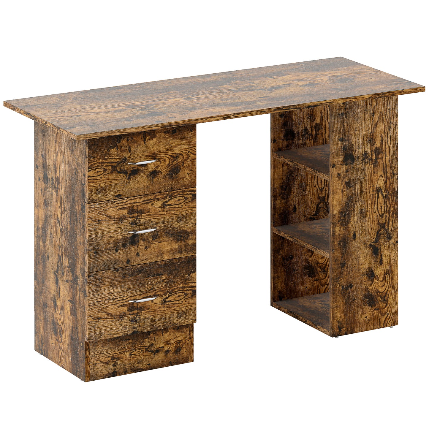 Computer Desk, Writing Table, PC Workstation With 3 Storage Shelves And Drawers, Silver Handle, For Home Office, Rustic Brown