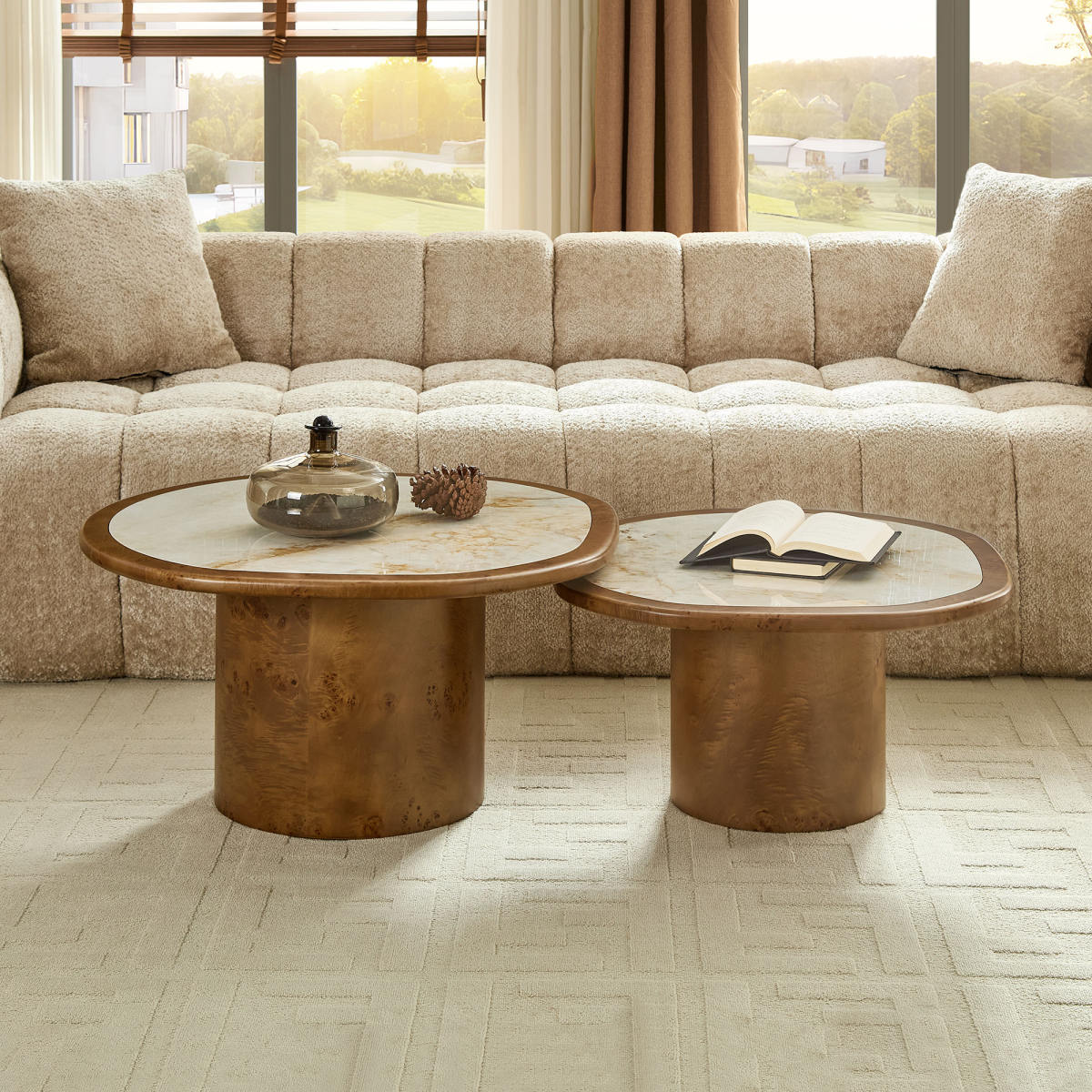 Irregular Coffee Table set, 2pcs burl Wood Veneer Coffee Table,Sintered Stone Tabletop Table with Sturdy MDF Pedestal, Rounded Sofa Side Table for living Room,Office