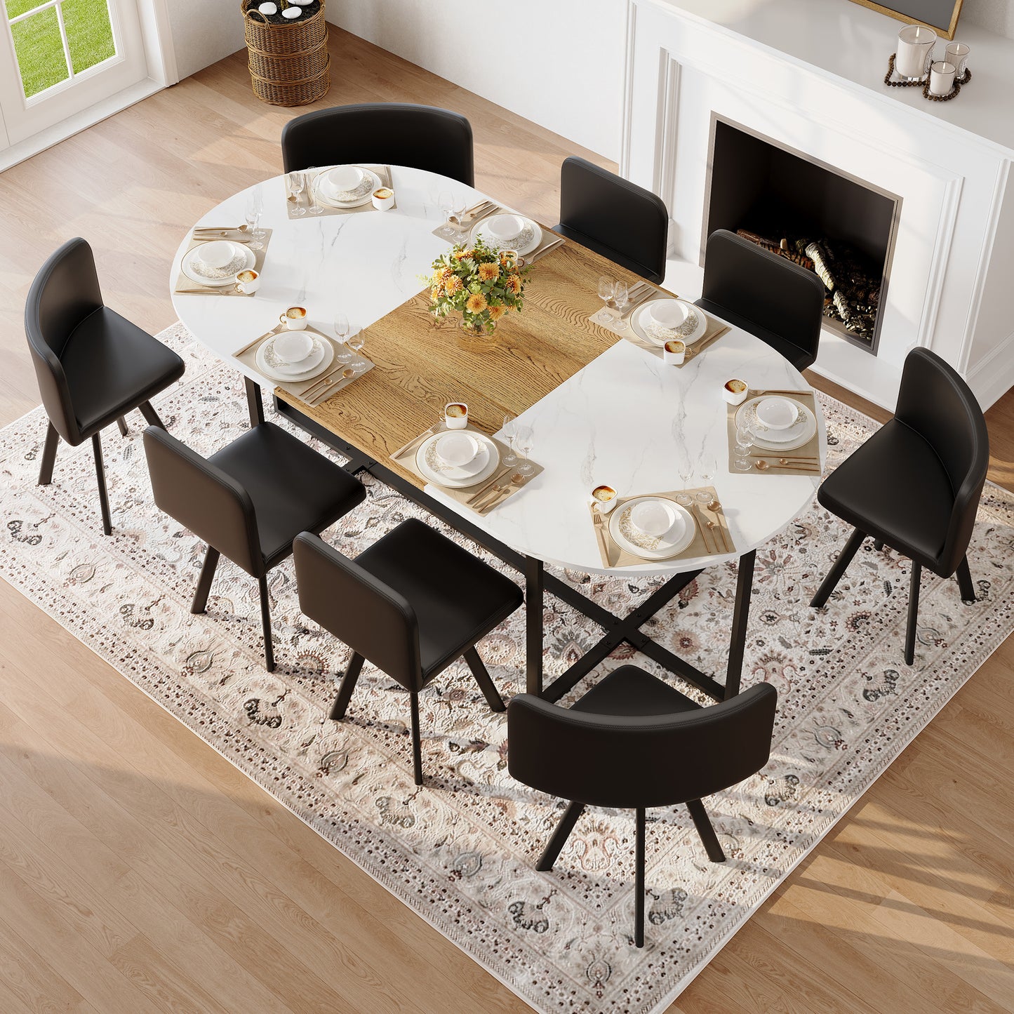 9-Piece Oval Dining Table Set, Fixed White Faux Marble & Wood Grain Triamine Tabletop With 8 Black PU Leather Chairs, Modern Kitchen Table Set For 8 People, Ideal For Family Gatherings, Dining Room