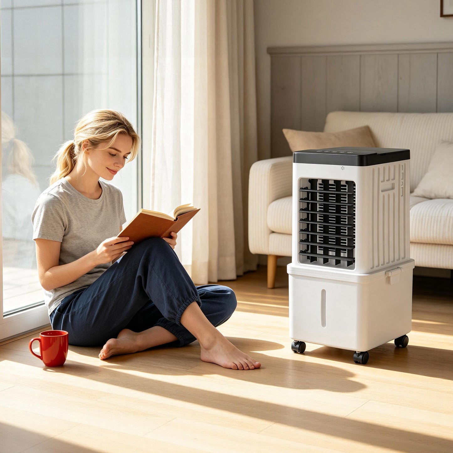 Portable Air Cooler Fan 12L Evaporative Air Conditioner With 3-Speed Dual Water Tank Touch & Remote Control 4 Wheels 4 Ice Packs Oscillation 15H Timer Visible Window For Bedroom Office Home