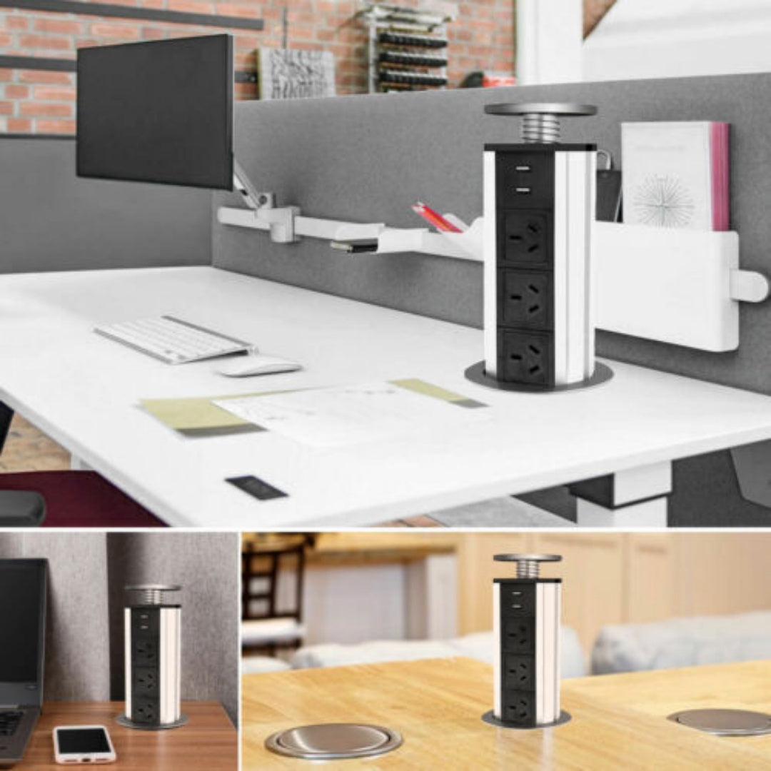 Pop Up Power Point 3 Socket Plug   2 USB Table Home Kitchen Desk Outlet