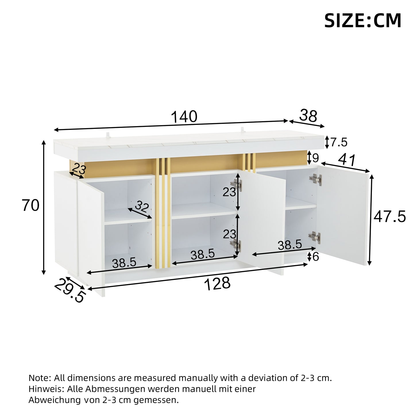140X38X70cm Modern White Sideboard Display, 3 Doors, Dining Room Cabinet With Adjustable Dividers, Perfect For Kitchen, Living Room, Dining Room, Hallway, Platinum Stitching, Wide Handleless Lockers
