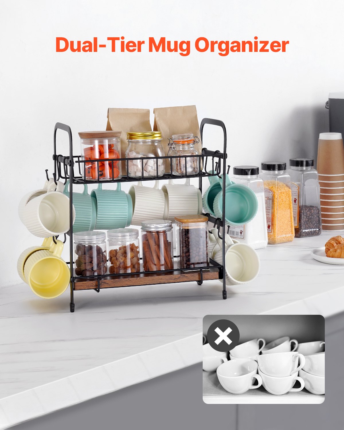2 Tier Coffee Bar Organizer For Countertop, Multifunctional Mug Holder And Coffee Station, 12 Movable Hooks And 2 Shelves For Coffee Accessories Storage And Display, Home Office (Matte Black)